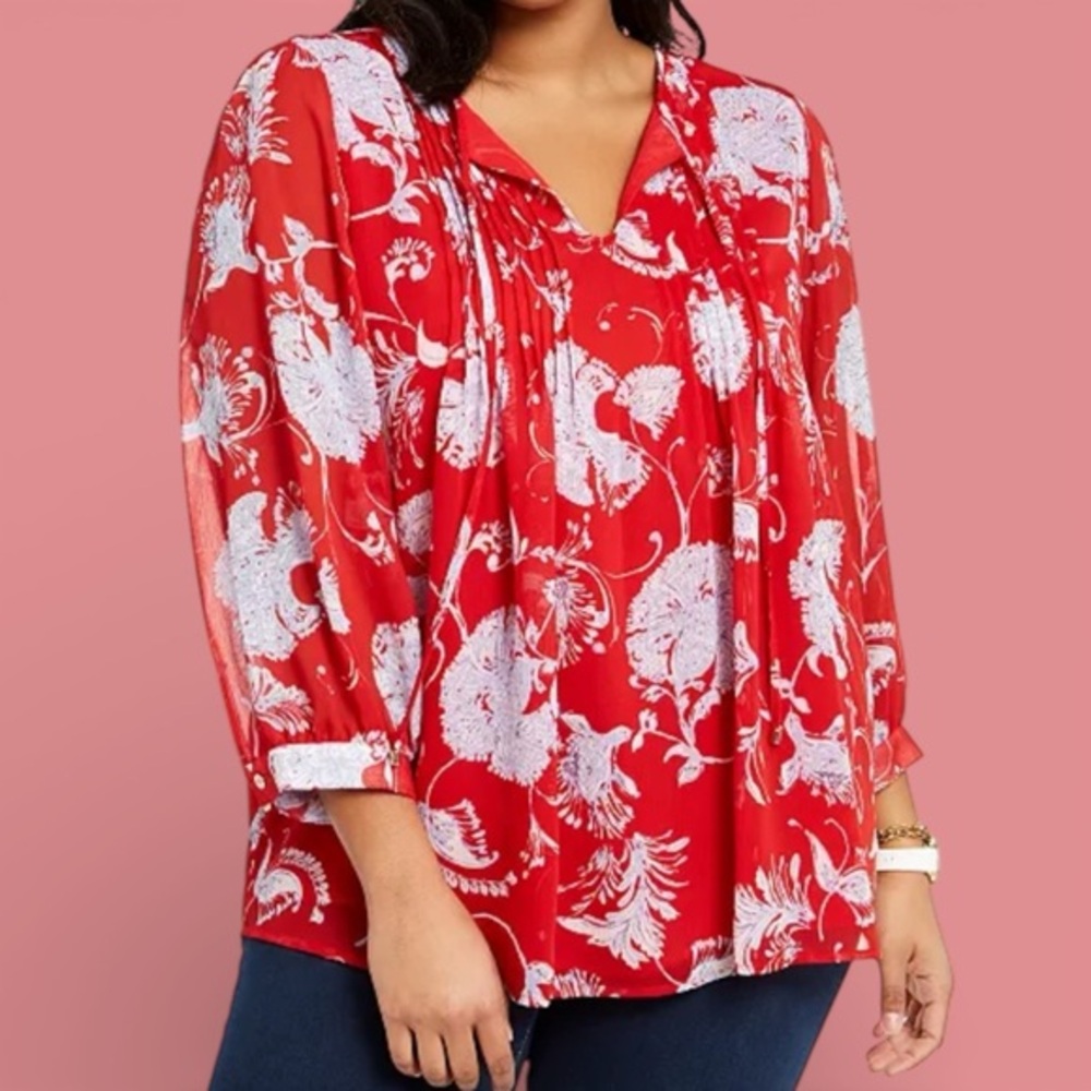 Tommy Hilfiger Pleated Floral Red White & Blue Blouse with Sheer Long Sleeves
